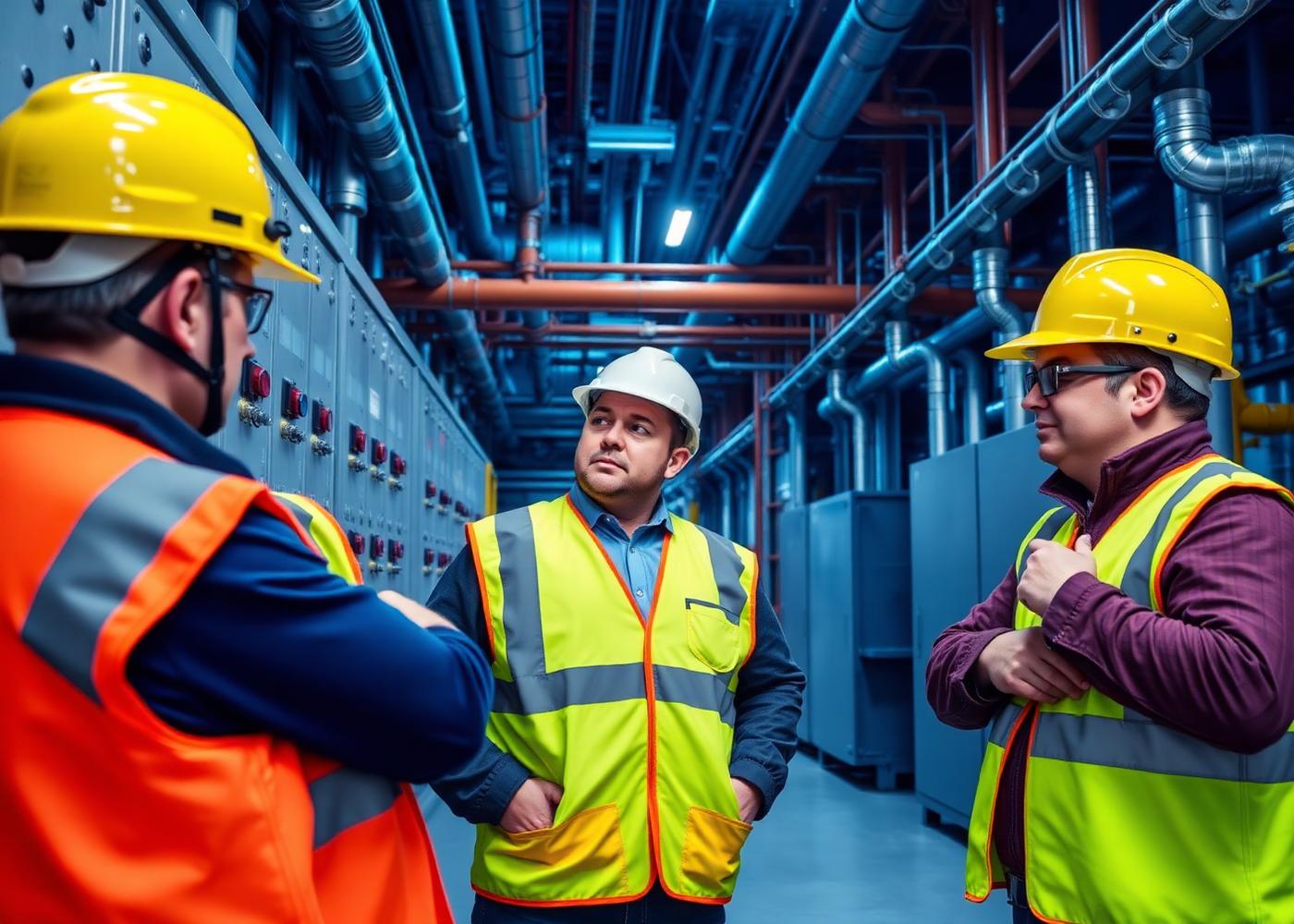 Equipo de ingeniería revisando instalaciones eléctricas y cañerías en una planta industrial